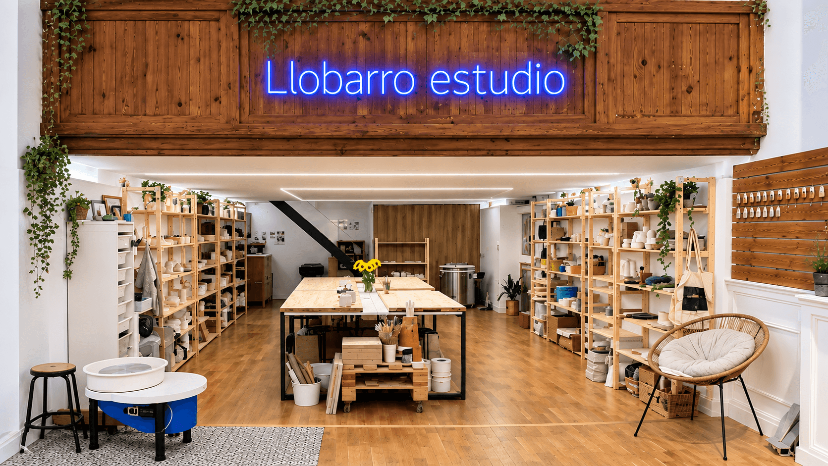Interior de Llobarro estudio, con su letrero de neón azul, mesas de trabajo y estanterías llenas de piezas